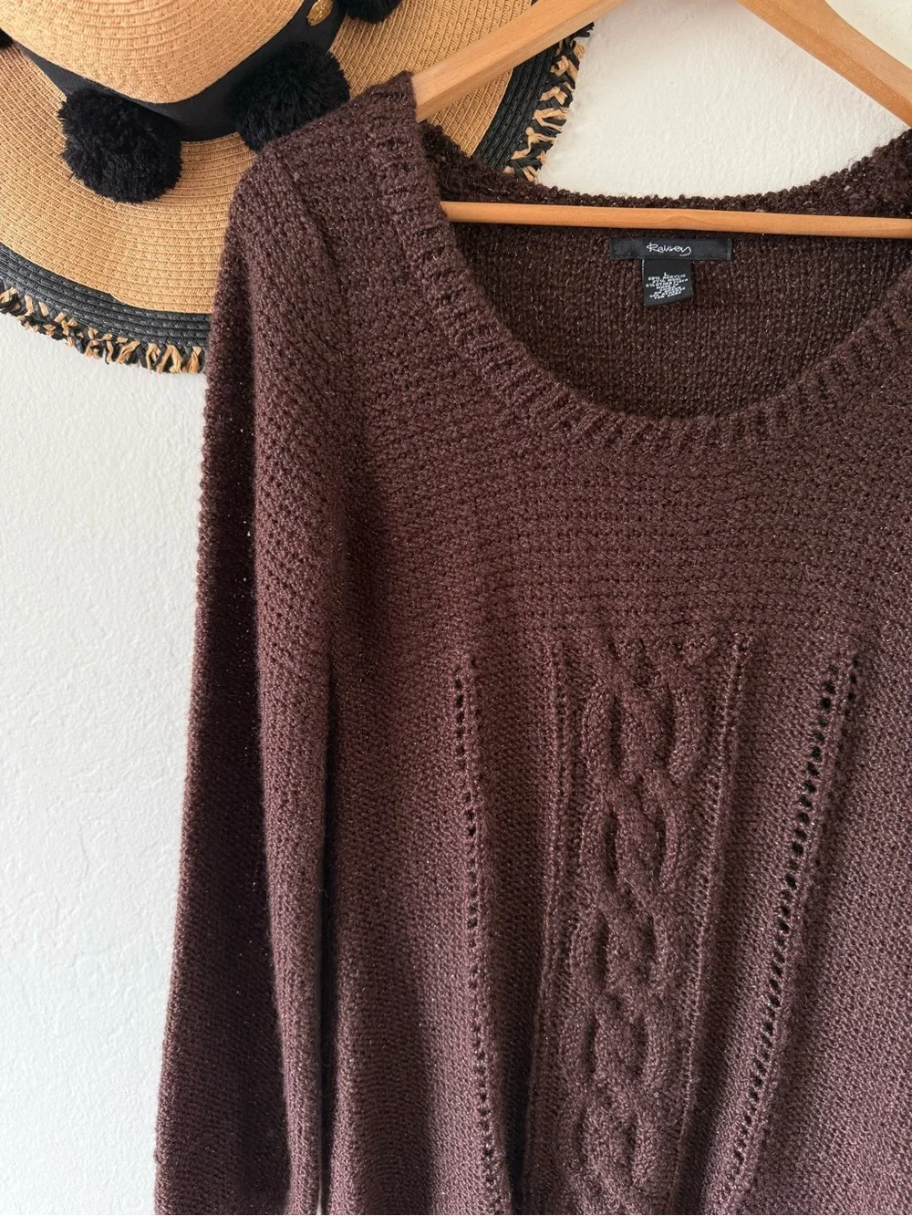 Raisey Brown Wool Blend Cable Knit Babydoll Sweater Shimmer Size Large Y2K Fall